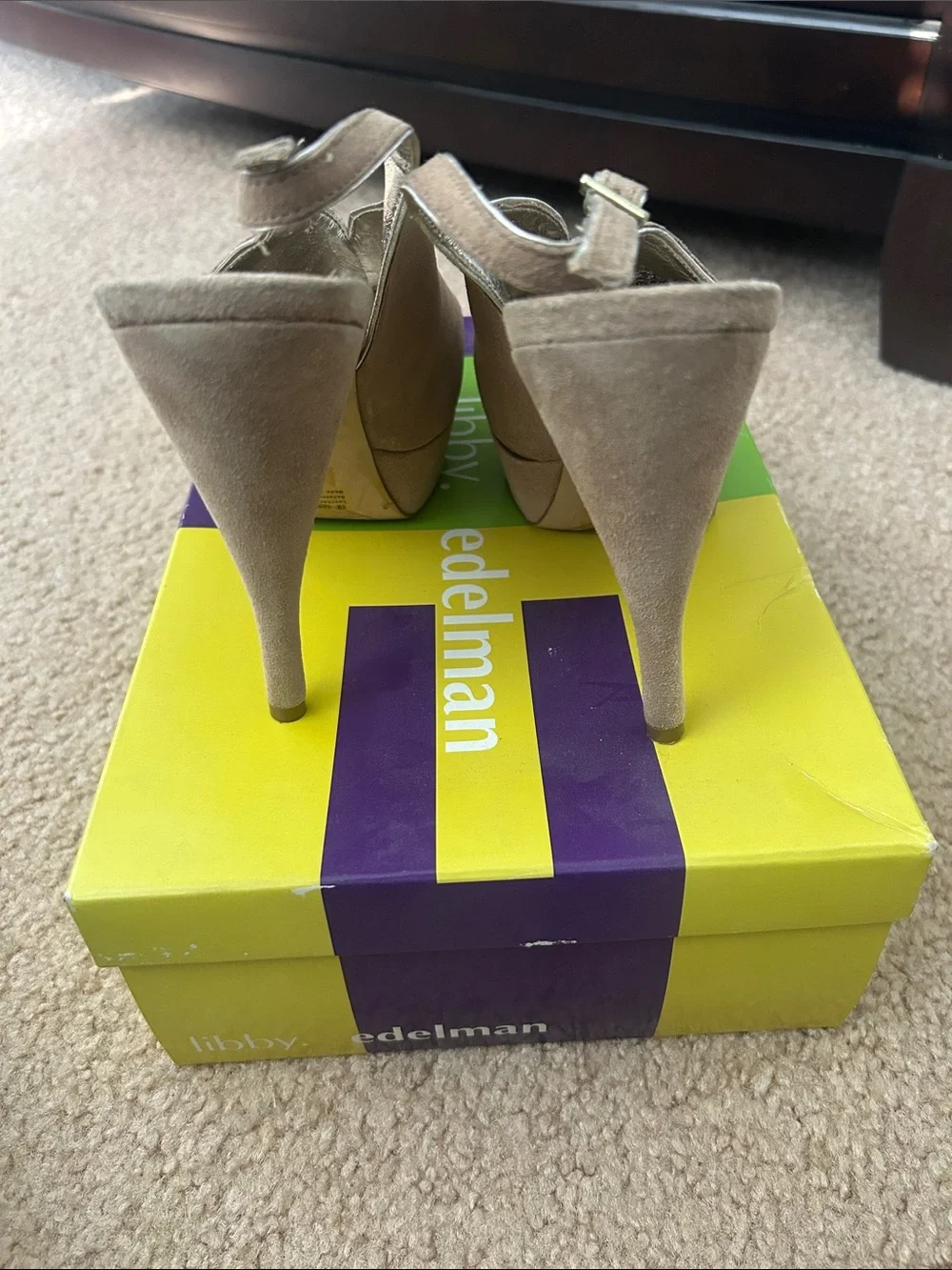 libby. edelman Taupe Suede Peep-Toe Slingback Heels